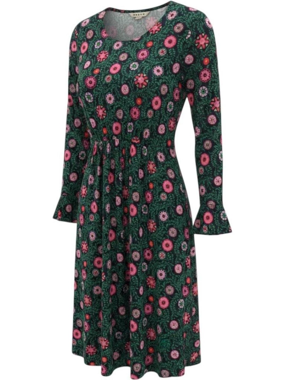 Boden Green Floral Long-Sleeve Midi Dress with Pink Blooms